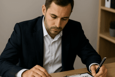 Unternehmer prüft Sanierungsplan mit Finanzdiagrammen im Büro