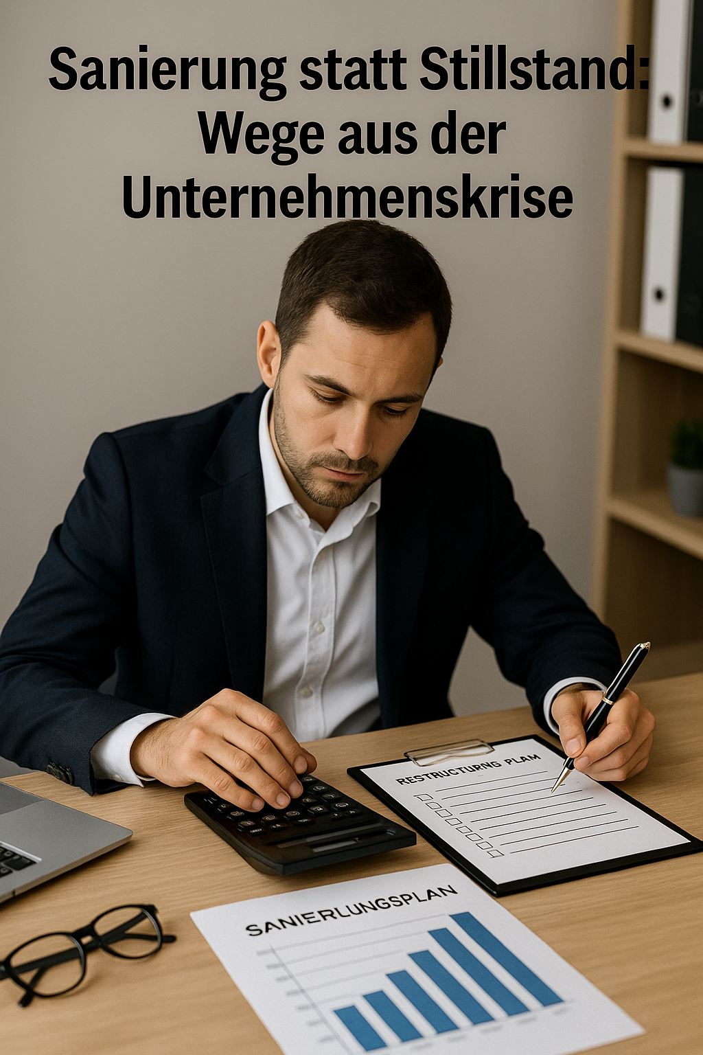 Unternehmer prüft Sanierungsplan mit Finanzdiagrammen im Büro
