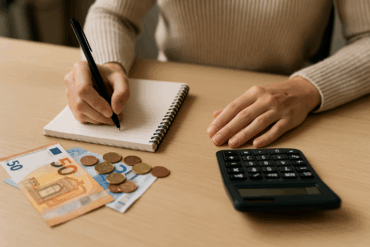 Person rechnet mit Taschenrechner und notiert Ausgaben – Budgetplanung mit Euro-Scheinen und Münzen