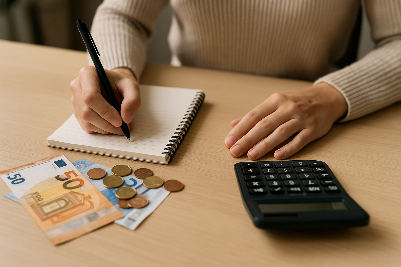 Person rechnet mit Taschenrechner und notiert Ausgaben – Budgetplanung mit Euro-Scheinen und Münzen