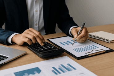 Nahaufnahme einer Geschäftsperson, die mit einem Taschenrechner und Notizen arbeitet, Symbol für klare Liquiditätsplanung