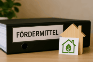 Ordner mit der Aufschrift „Fördermittel“ auf einem Schreibtisch, daneben Unterlagen und ein Stift.