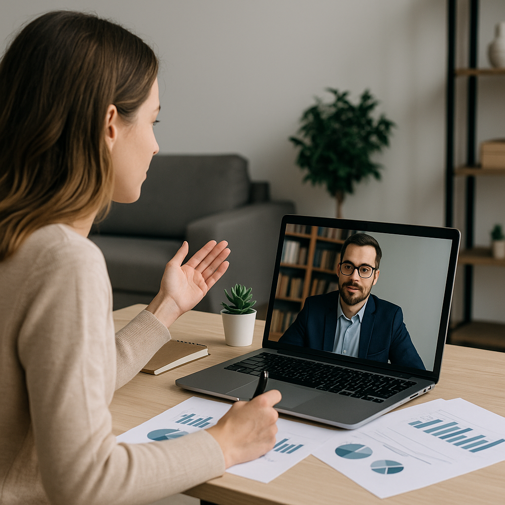 Eine junge Frau sitzt konzentriert am Schreibtisch und prüft ihre privaten Finanzen. Auf dem Tisch liegen Unterlagen, ein Notizbuch und ein Tablet mit Finanzdiagrammen.