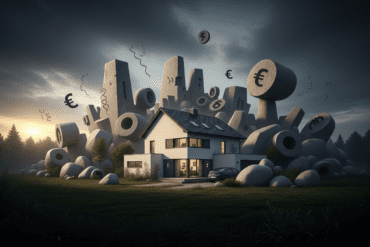 Ein modernes Einfamilienhaus unter einem dunklen, bewölkten Himmel, umgeben von abstrakten, bedrohlichen Formen, die den Druck steigender Zinsen symbolisieren. Ein schmaler Lichtstreifen am Horizont deutet auf Hoffnung hin.