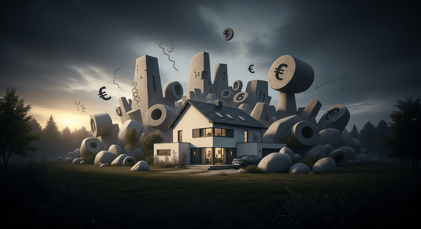 Ein modernes Einfamilienhaus unter einem dunklen, bewölkten Himmel, umgeben von abstrakten, bedrohlichen Formen, die den Druck steigender Zinsen symbolisieren. Ein schmaler Lichtstreifen am Horizont deutet auf Hoffnung hin.
