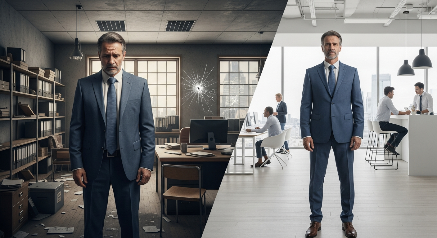 Erfolgreiche Unternehmensberatung: Vergleich eines Unternehmens vor der Beratung (links: veraltete Räume, leere Regale) und nach der Beratung (rechts: modernes Büro, zufriedene Mitarbeiter) durch mich als deinen Berater.