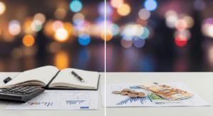 Ein klarer, gut beleuchteter Schreibtisch mit einem aufgeschlagenen Notizbuch, einem Taschenrechner und strukturierten Diagrammen. Daneben liegen geordnete Euro-Banknoten und -Münzen. Der Hintergrund ist diffus und unklar, mit bunten, flimmernden Lichtern und unscharfen Silhouetten.