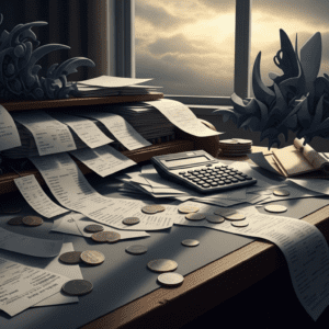 Ein überladener Schreibtisch mit Rechnungen, einem Taschenrechner und abstrakten, bedrohlichen Formen, die den finanziellen Druck symbolisieren. Auf dem Schreibtisch liegen verstreut Euromünzen. Ein schmaler Lichtstreifen am Horizont deutet auf Hoffnung hin.