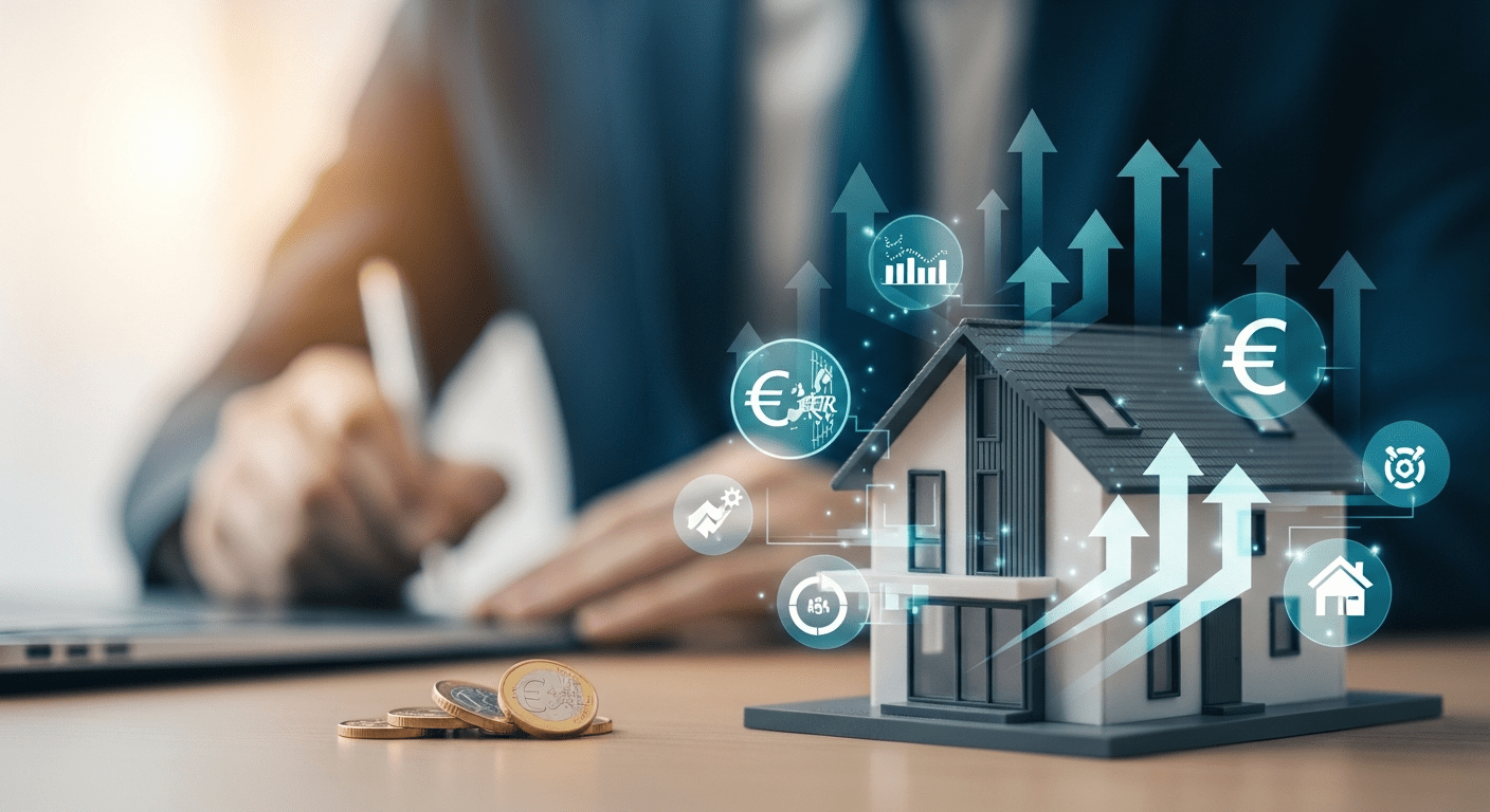 Ein modernes Hausmodell auf einem Schreibtisch, umgeben von abstrakten Symbolen für Förderung und Unterstützung, wie aufsteigende Pfeile und stilisierte Euromünzen. Im Hintergrund ist ein warmes Licht zu sehen, das Hoffnung und Klarheit symbolisiert.