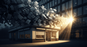 Ein kleines, traditionelles Ladengeschäft unter einer dunklen Wolke symbolischer Rechnungsstapel. Ein Lichtstrahl fällt auf das Ladengeschäft und symbolisiert Hoffnung.