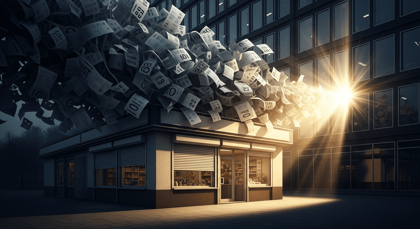 Ein kleines, traditionelles Ladengeschäft unter einer dunklen Wolke symbolischer Rechnungsstapel. Ein Lichtstrahl fällt auf das Ladengeschäft und symbolisiert Hoffnung.