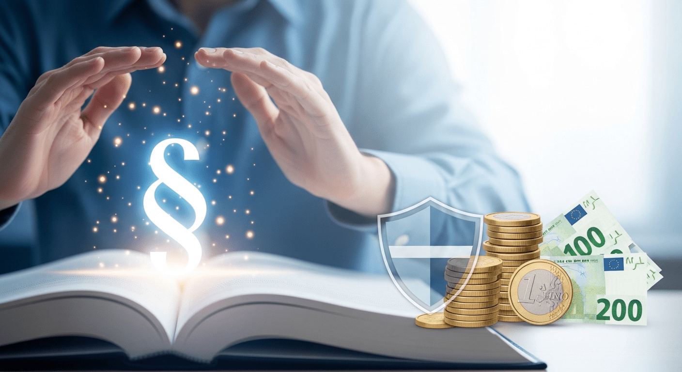 Ein offenes Buch mit abstrakten Paragraphenzeichen, darüber schwebende, schützende Hände. Daneben liegen Euromünzen und -scheine, die sicher und unberührt erscheinen.