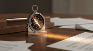 Ein eleganter Kompass auf einem Schreibtisch, dessen Nadel auf ein helles Licht zeigt – ein Symbol für die richtige Strategie auf dem Weg aus den Schulden