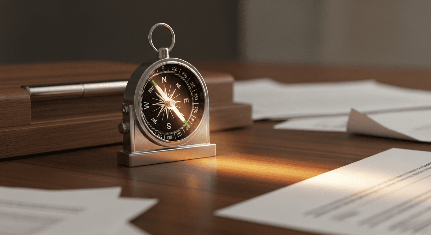 Ein eleganter Kompass auf einem Schreibtisch, dessen Nadel auf ein helles Licht zeigt – ein Symbol für die richtige Strategie auf dem Weg aus den Schulden