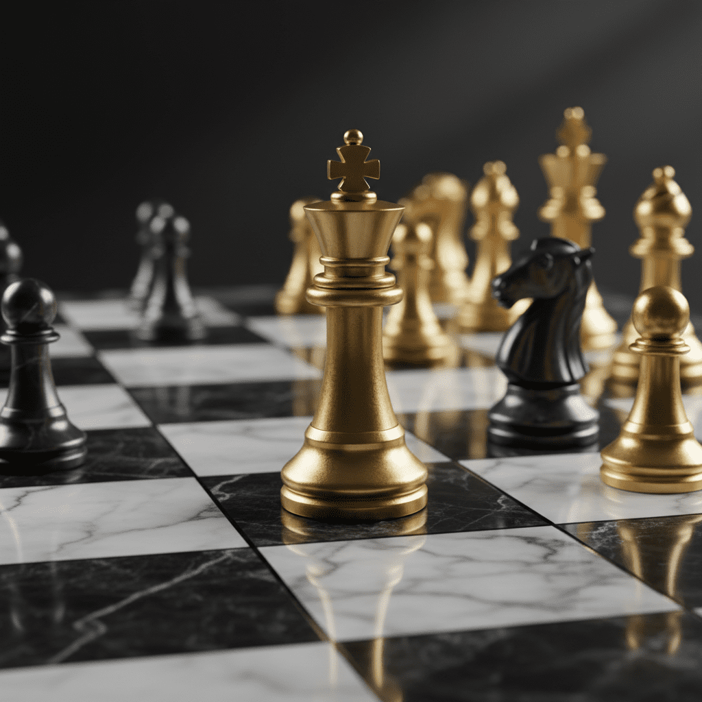 Goldenes Schachbrett mit Fokus auf den König, steht für strategische Finanzsanierung und Verhandlungen mit Banken in Karlsruhe, Heidelberg und Augsburg.