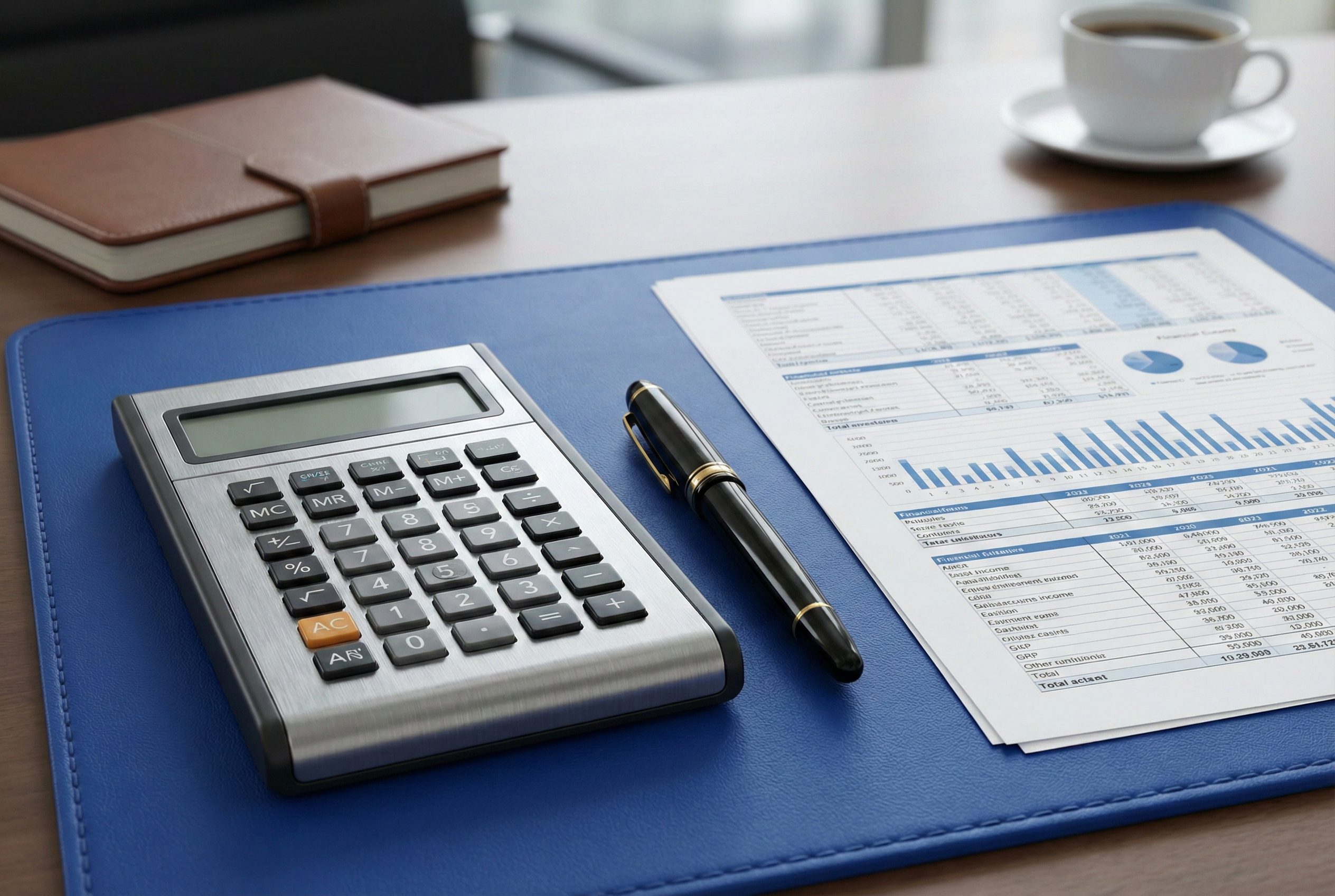 Hochwertiger Taschenrechner und Finanzunterlagen auf einem Schreibtisch - Symbol für strukturierte Kreditvermittlung.