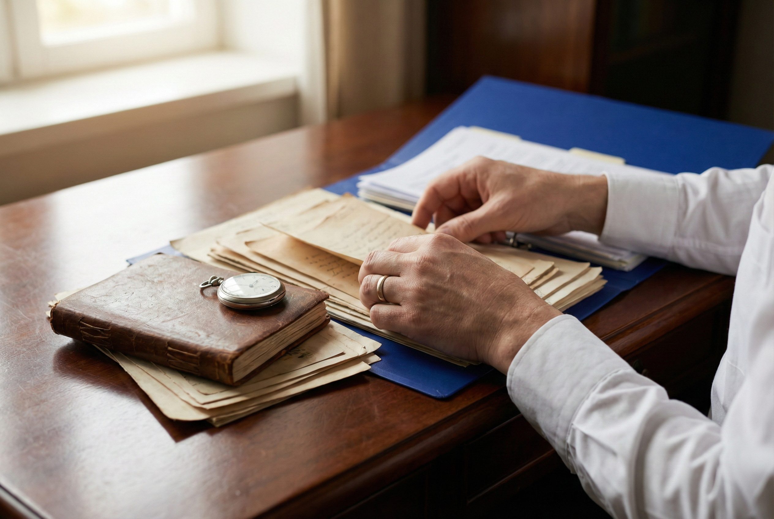 Hände ordnen respektvoll alte Dokumente und Unterlagen eines Verstorbenen.