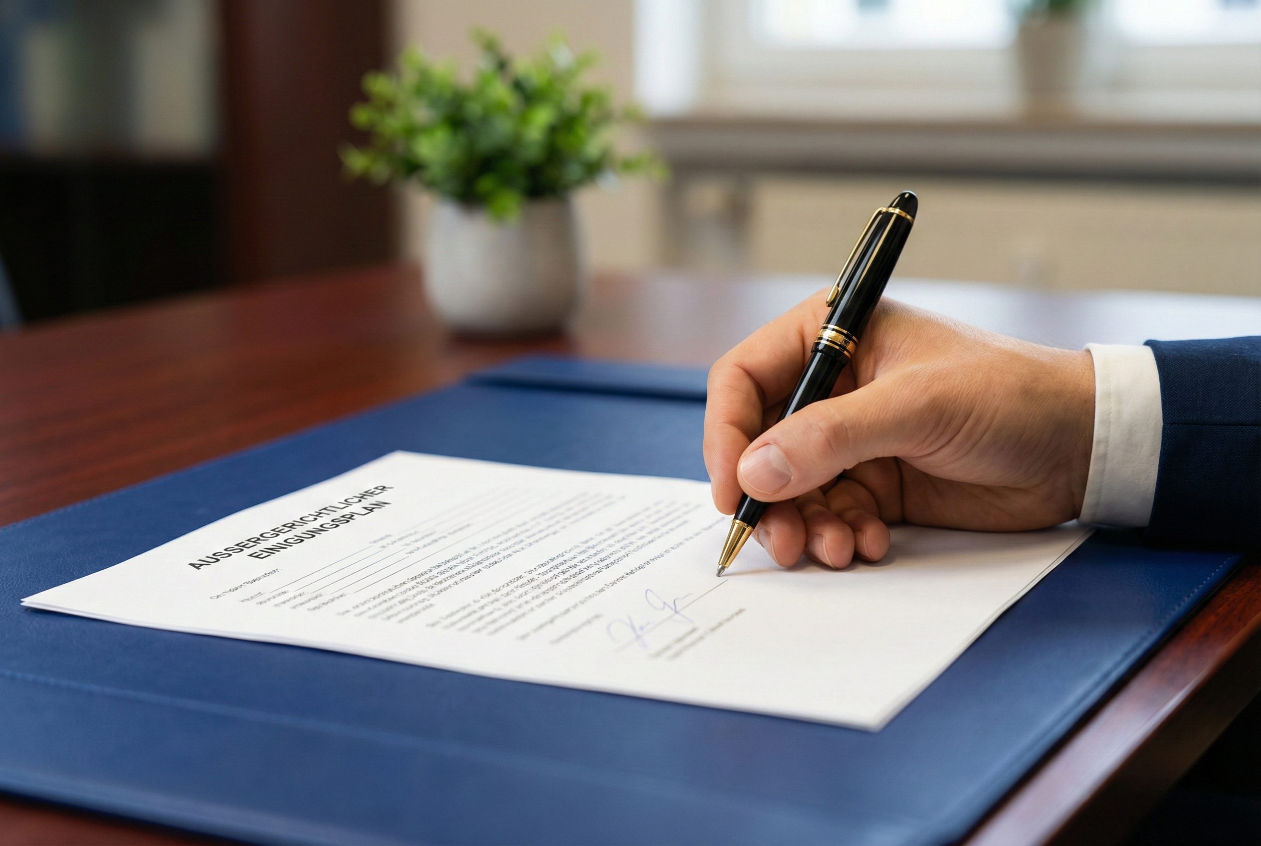 Hand unterzeichnet einen außergerichtlichen Einigungsplan zur Schuldenbereinigung.